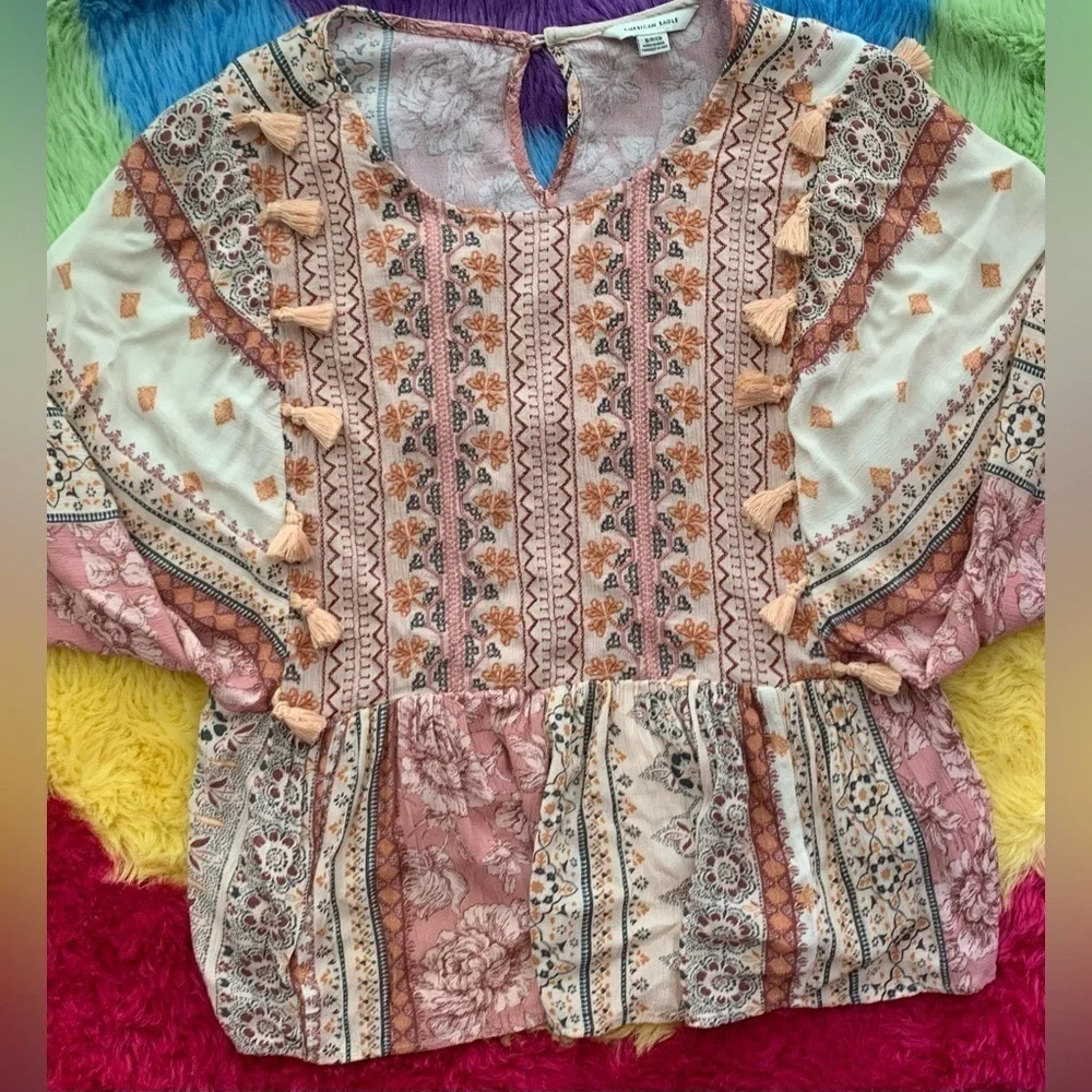 Excellent Condition, American Eagle Peasant Peplum Blouse w/Tassels, Size Small - Picture 1 of 8